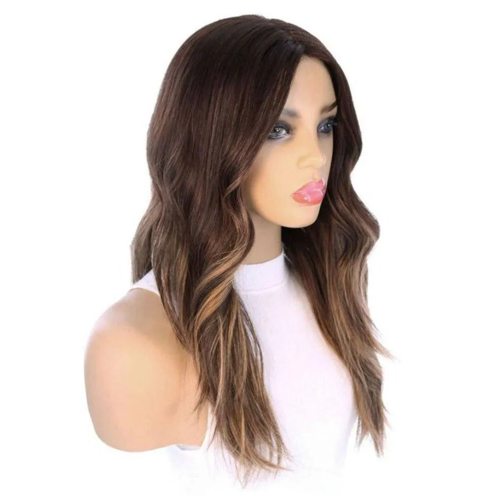 22" Ponytail Silk Part Wig Dark Brown Balayage