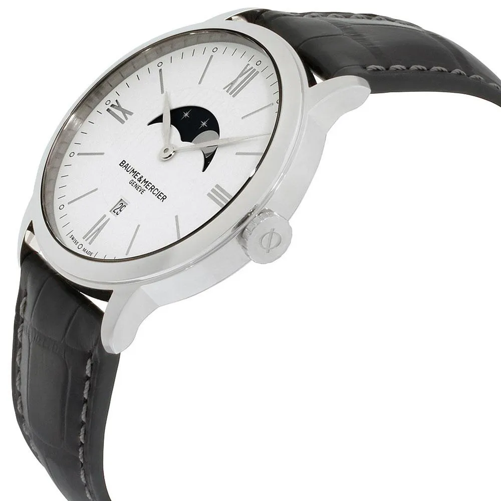 Baume & Mercier Classima White Dial Black Leather Strap Moonphase Date Quartz Mens Watch MOA10219