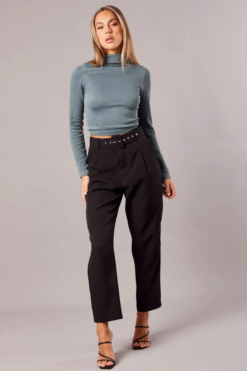 Black Tapered Pants High Rise Belted