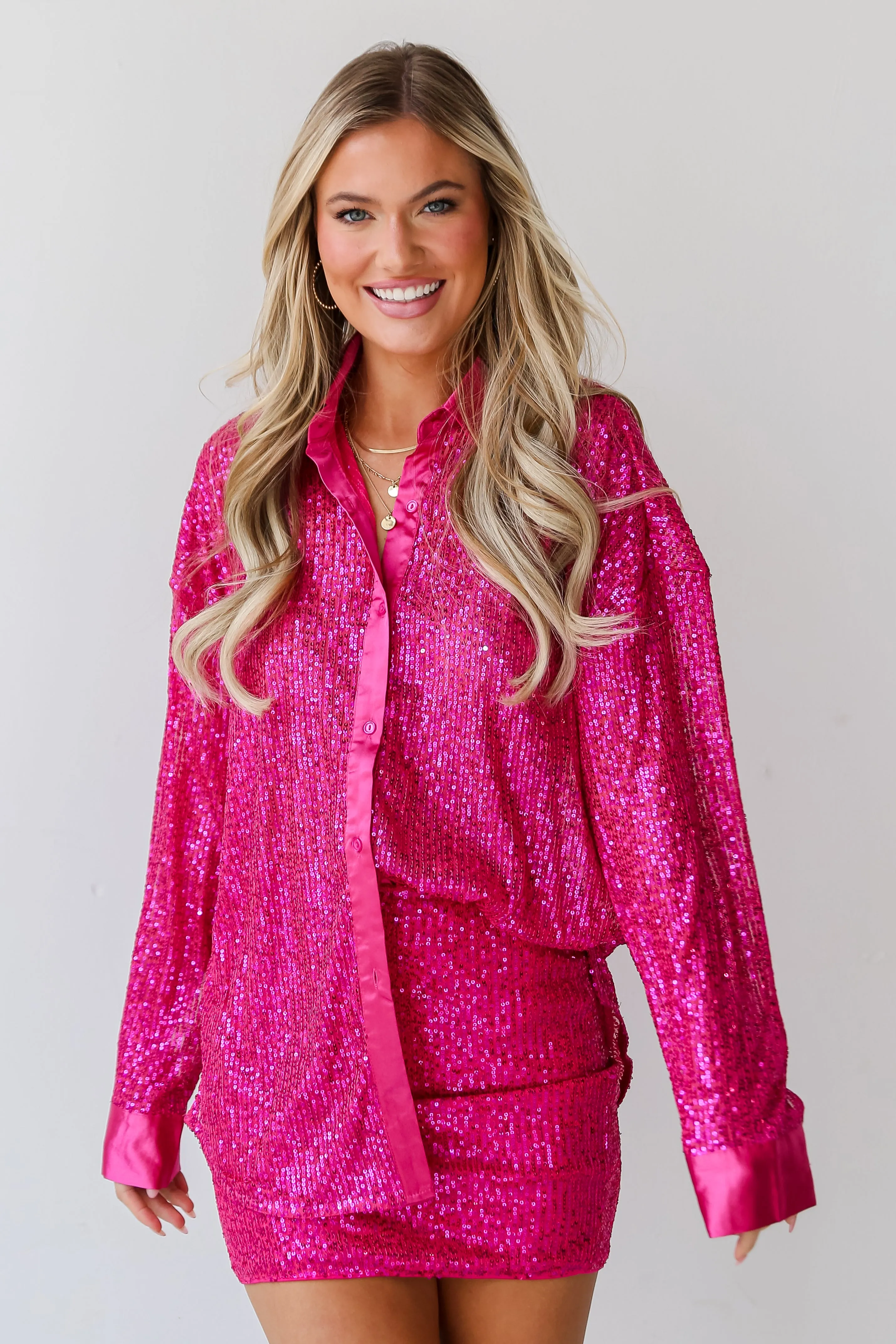 FINAL SALE - Delightful Ways Hot Pink Sequin Button-Up Blouse - DU DEAL