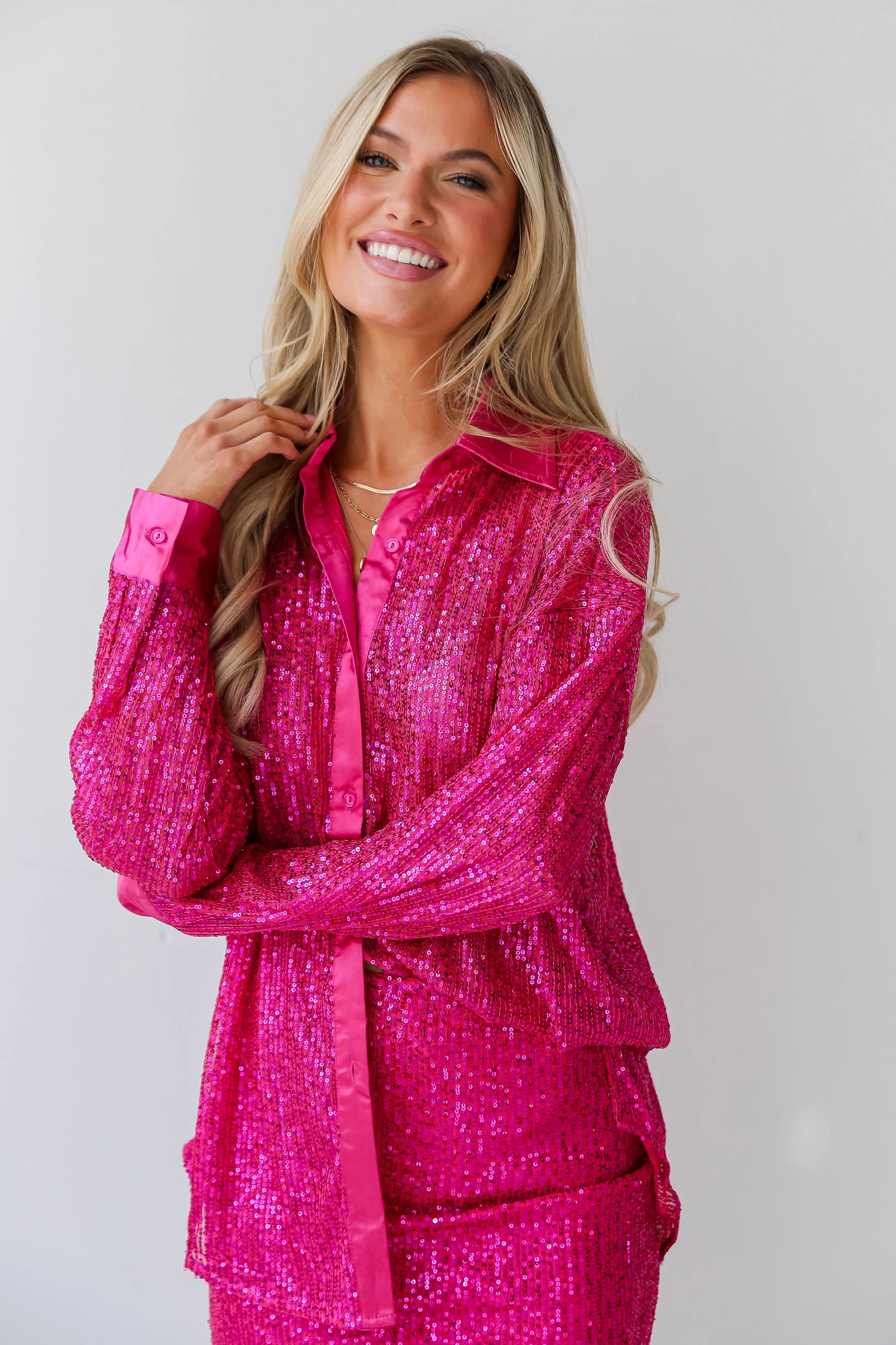 FINAL SALE - Delightful Ways Hot Pink Sequin Button-Up Blouse - DU DEAL