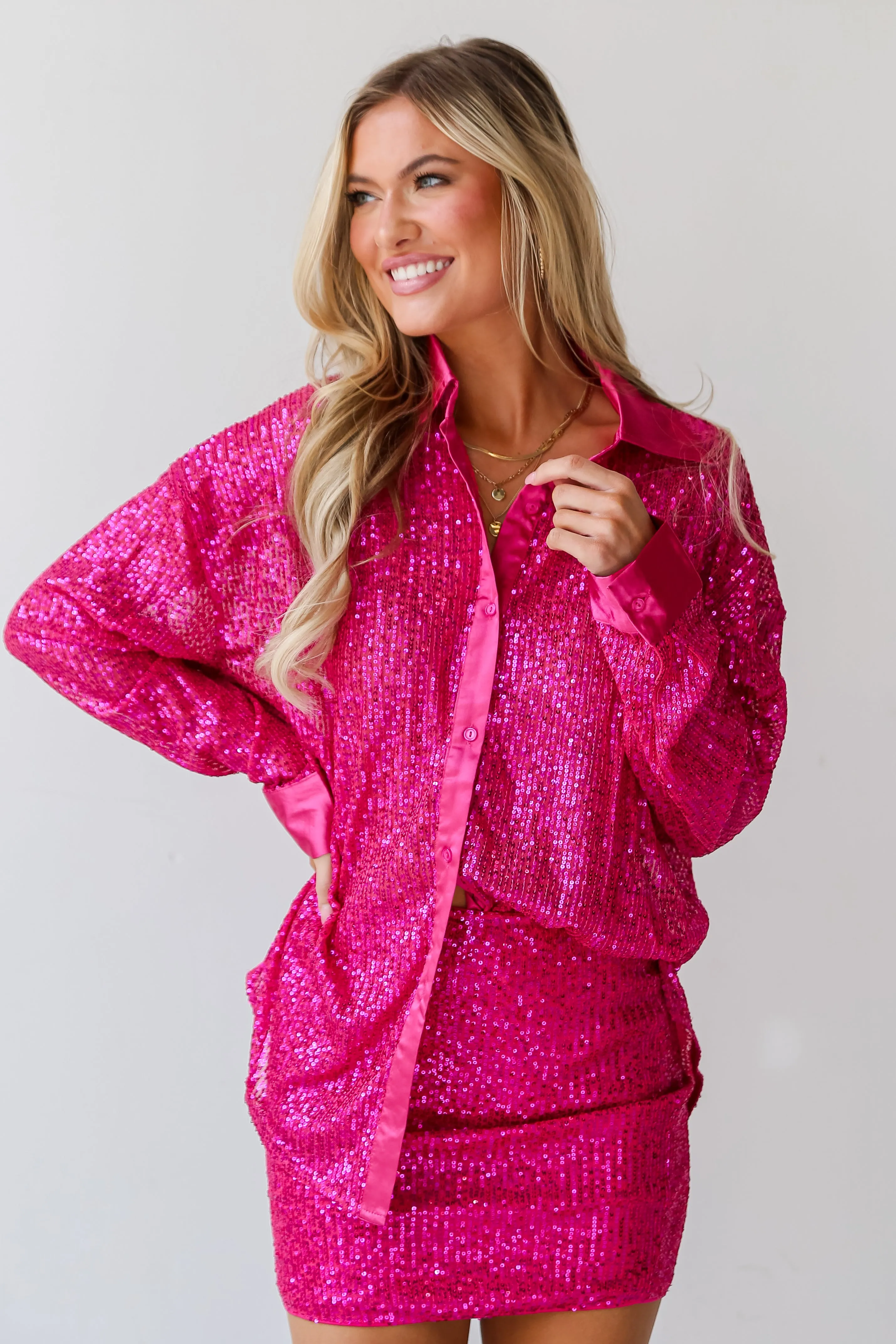 FINAL SALE - Delightful Ways Hot Pink Sequin Button-Up Blouse - DU DEAL