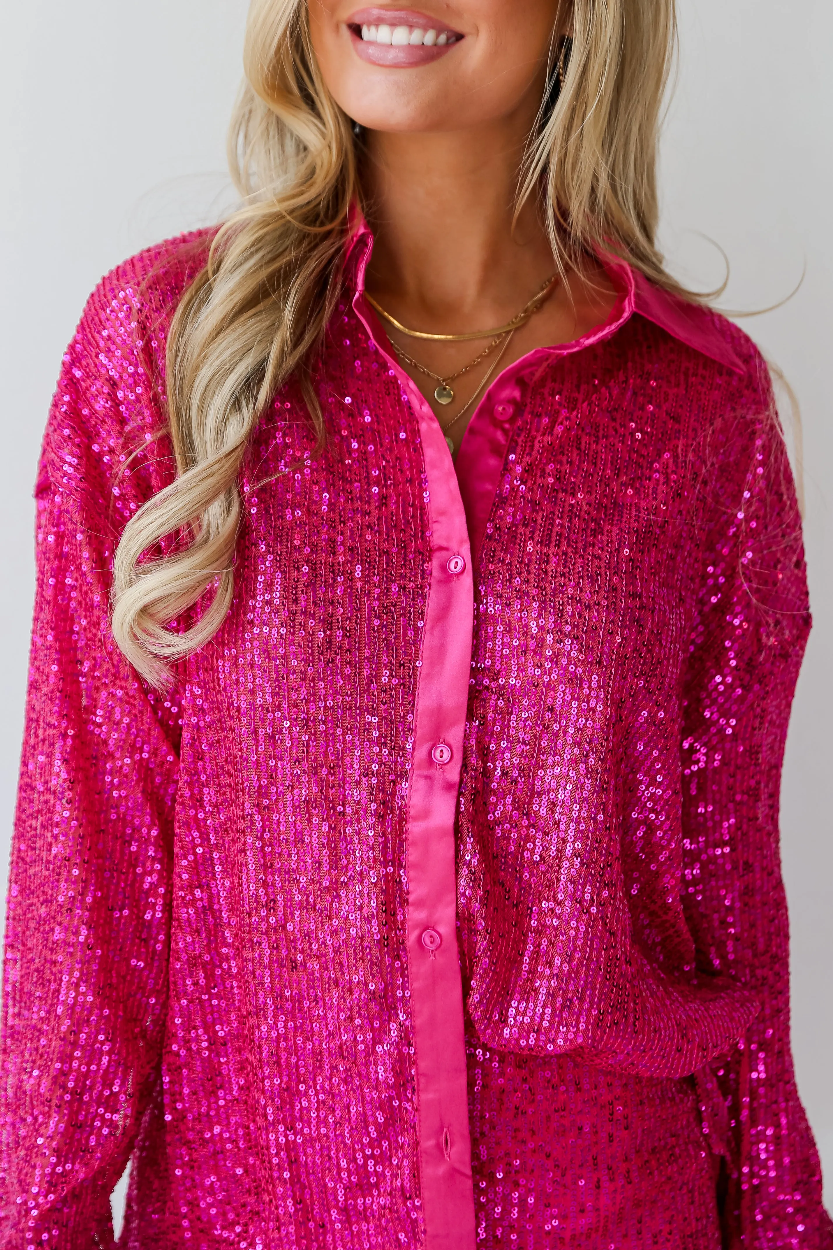 FINAL SALE - Delightful Ways Hot Pink Sequin Button-Up Blouse - DU DEAL