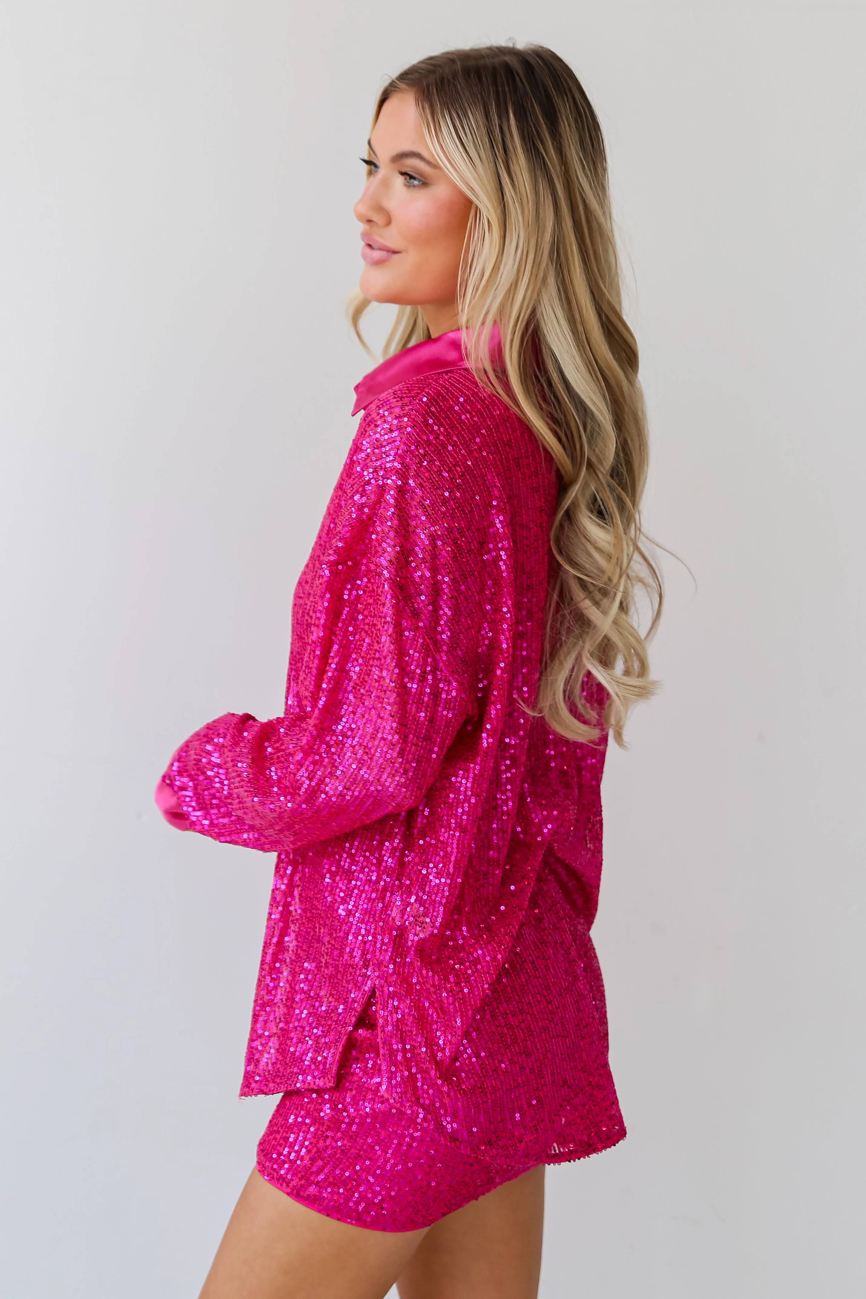 FINAL SALE - Delightful Ways Hot Pink Sequin Button-Up Blouse - DU DEAL