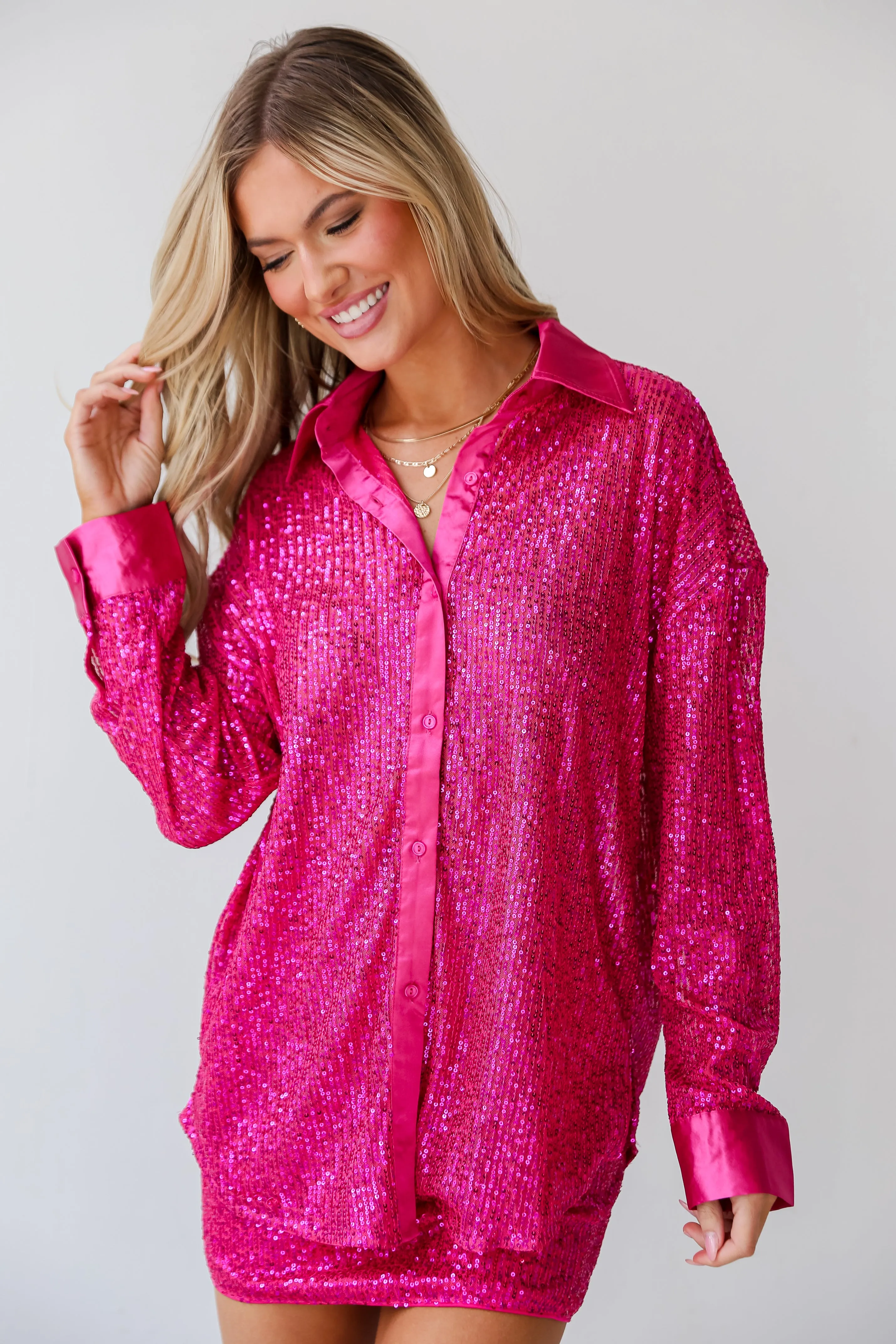 FINAL SALE - Delightful Ways Hot Pink Sequin Button-Up Blouse - DU DEAL