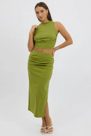 Green Gathered Midi Skirt High Rise Bengaline Split