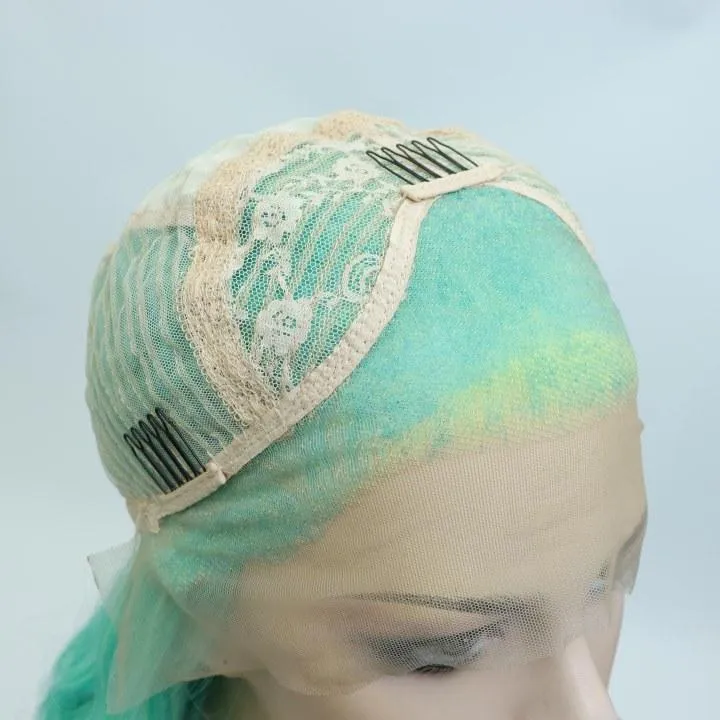 IMstyle Layla 28 inches 13*4 Lace Area Glue less | Lace Synthetic Wigs | Green Blue tone with Yellow Highlight | wave curly Hair | Colourful Essentials | DIY Hair Accessories | Heat Resistant |W218-C249-C13X3