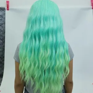 IMstyle Layla 28 inches 13*4 Lace Area Glue less | Lace Synthetic Wigs | Green Blue tone with Yellow Highlight | wave curly Hair | Colourful Essentials | DIY Hair Accessories | Heat Resistant |W218-C249-C13X3