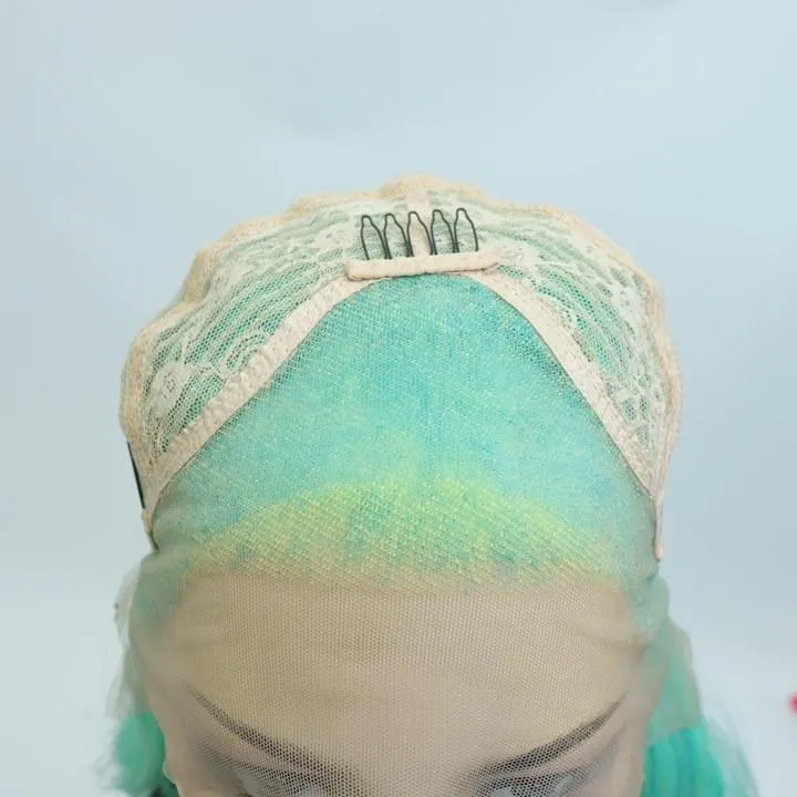 IMstyle Layla 28 inches 13*4 Lace Area Glue less | Lace Synthetic Wigs | Green Blue tone with Yellow Highlight | wave curly Hair | Colourful Essentials | DIY Hair Accessories | Heat Resistant |W218-C249-C13X3
