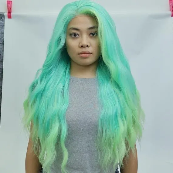 IMstyle Layla 28 inches 13*4 Lace Area Glue less | Lace Synthetic Wigs | Green Blue tone with Yellow Highlight | wave curly Hair | Colourful Essentials | DIY Hair Accessories | Heat Resistant |W218-C249-C13X3
