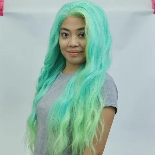 IMstyle Layla 28 inches 13*4 Lace Area Glue less | Lace Synthetic Wigs | Green Blue tone with Yellow Highlight | wave curly Hair | Colourful Essentials | DIY Hair Accessories | Heat Resistant |W218-C249-C13X3