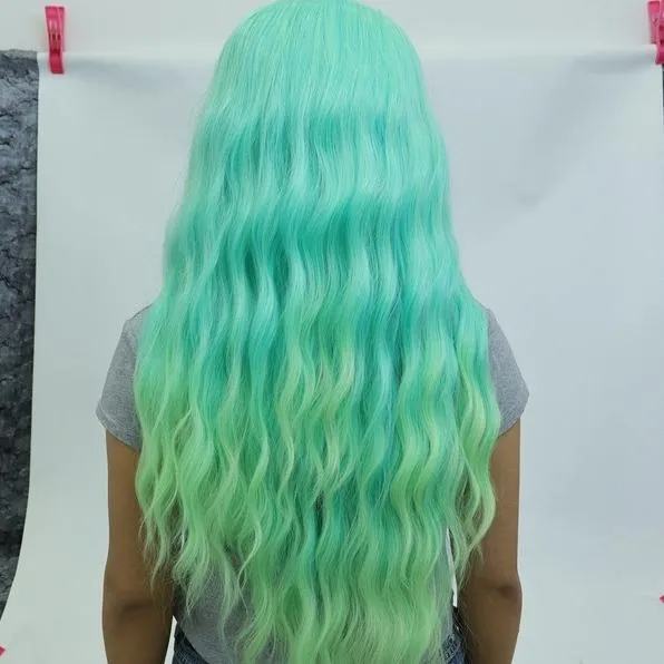 IMstyle Layla 28 inches 13*4 Lace Area Glue less | Lace Synthetic Wigs | Green Blue tone with Yellow Highlight | wave curly Hair | Colourful Essentials | DIY Hair Accessories | Heat Resistant |W218-C249-C13X3