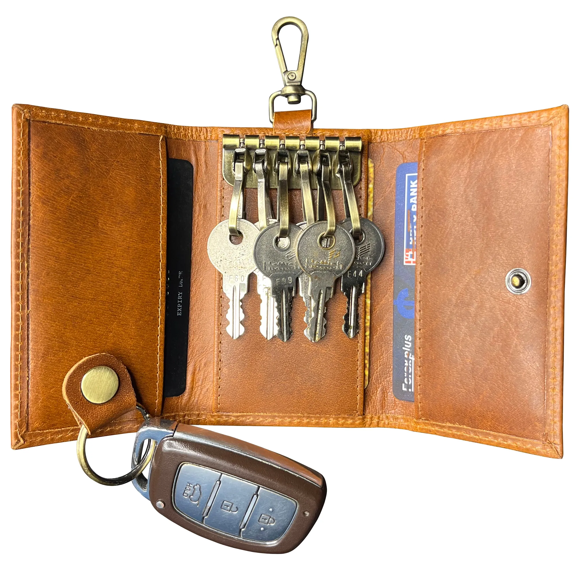 Leather Key Holder Smart Fob Car Key Loop Slim Keychain (Cognac)