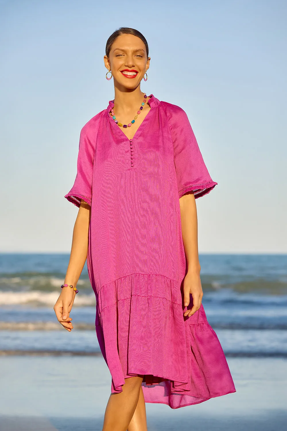 Linen Silk Ruffle Dress - Fuchsia