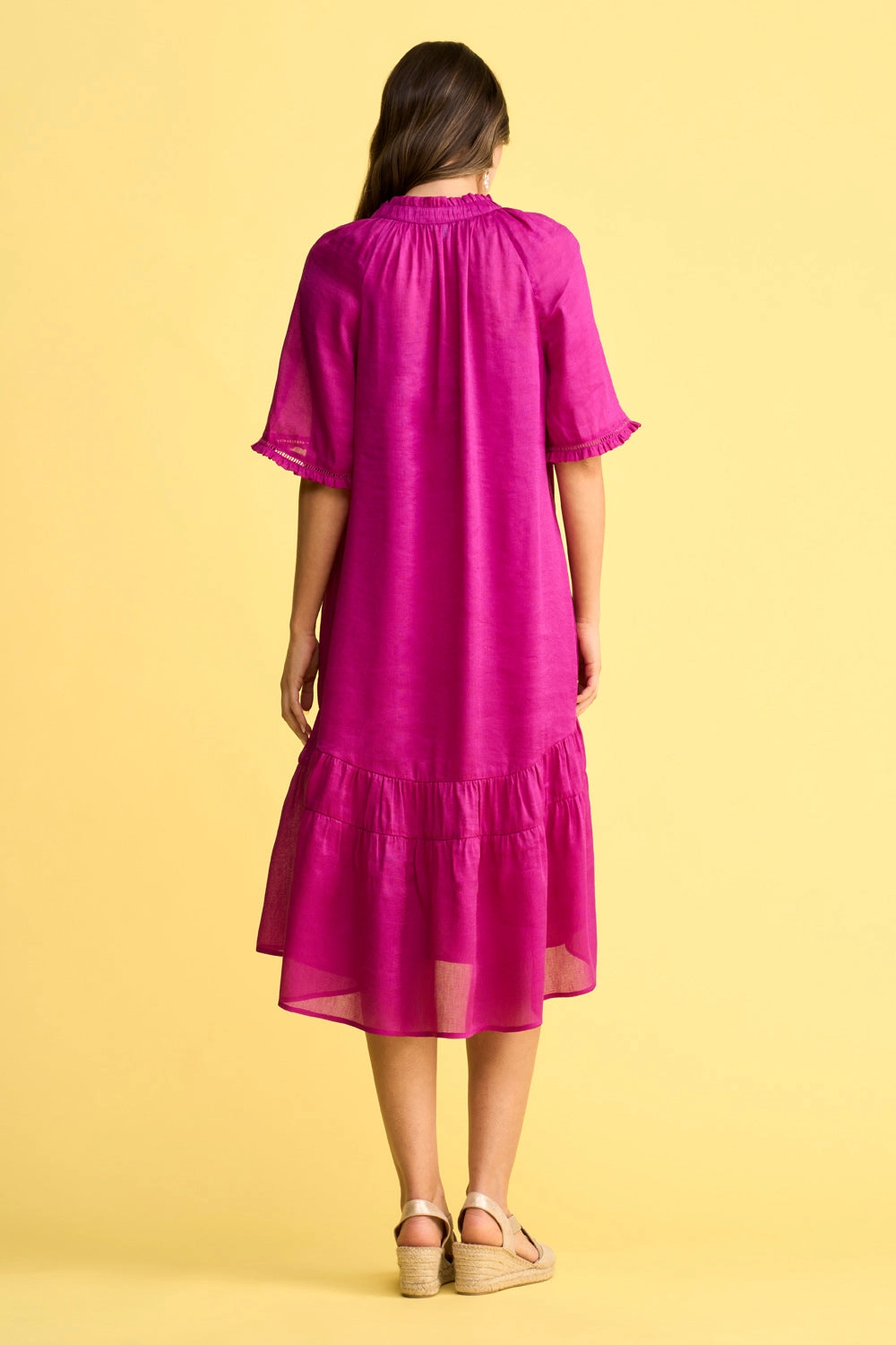 Linen Silk Ruffle Dress - Fuchsia