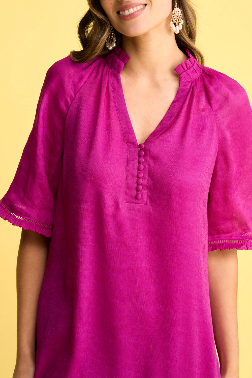 Linen Silk Ruffle Dress - Fuchsia