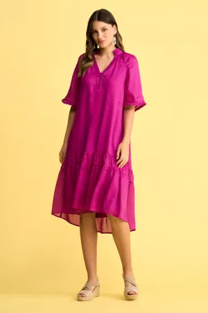 Linen Silk Ruffle Dress - Fuchsia