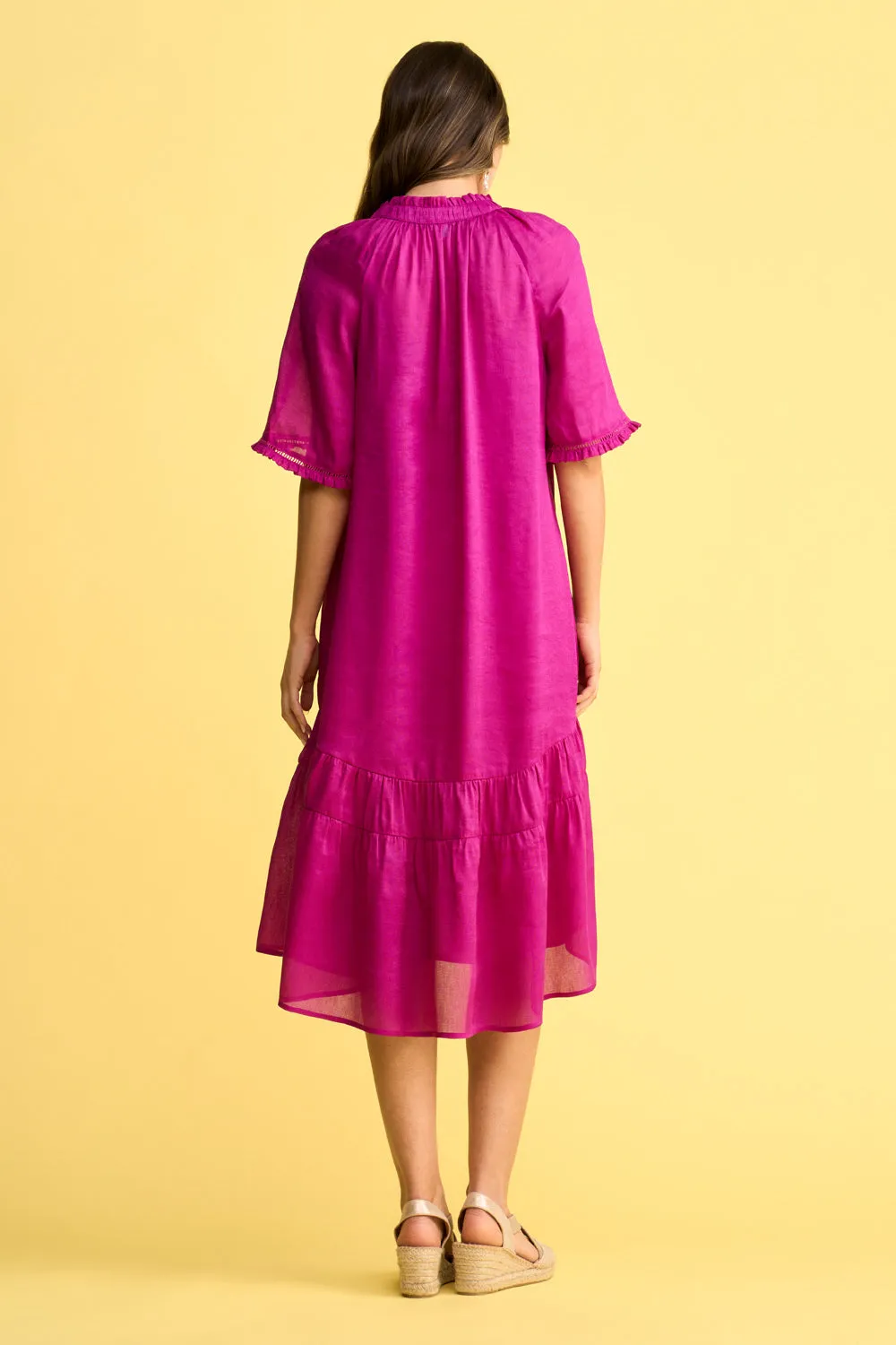 Linen Silk Ruffle Dress - Fuchsia