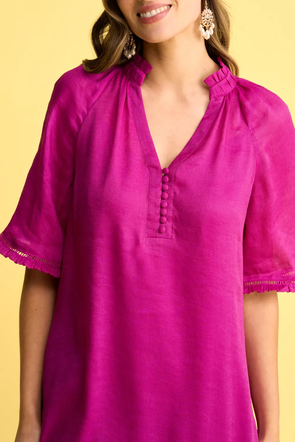 Linen Silk Ruffle Dress - Fuchsia