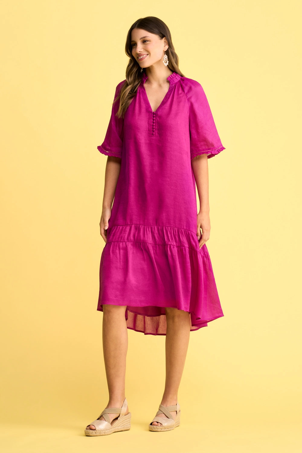 Linen Silk Ruffle Dress - Fuchsia