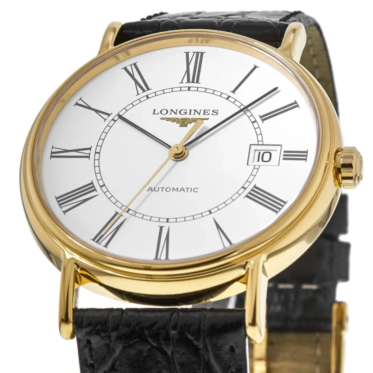 Longines Presence Automatic Yellow Gold PVD White Dial Black Leather Strap Date Mens Watch L4.922.2.11.2