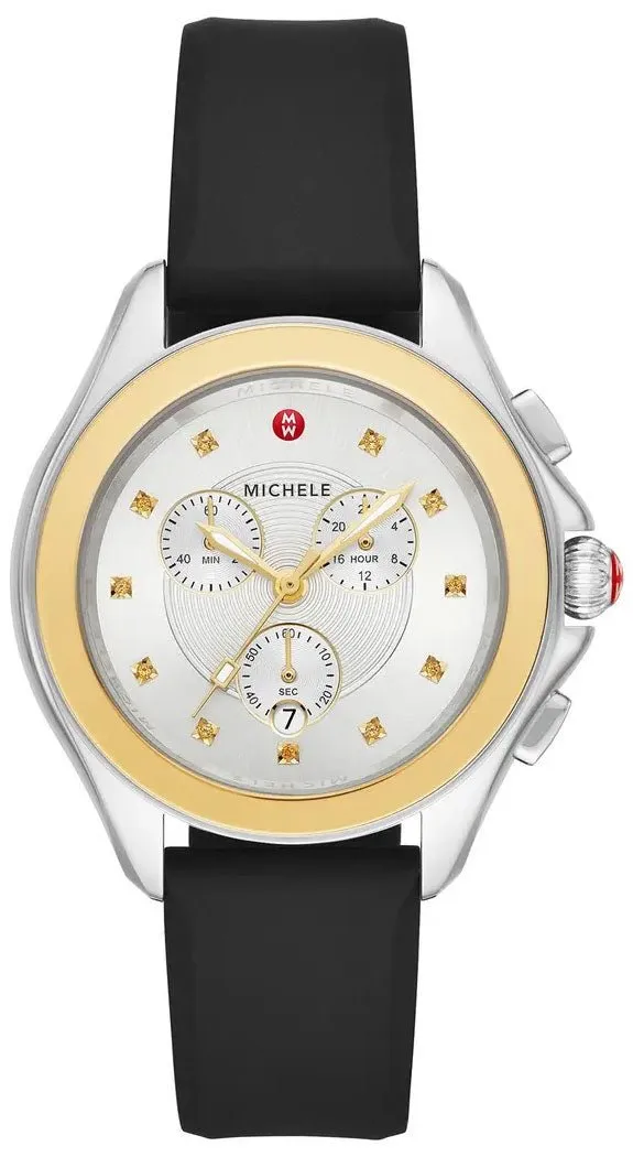 Michele Cape Chronograph Silver Dial Date Black Silicone Strap Womens Watch MWW27E000007