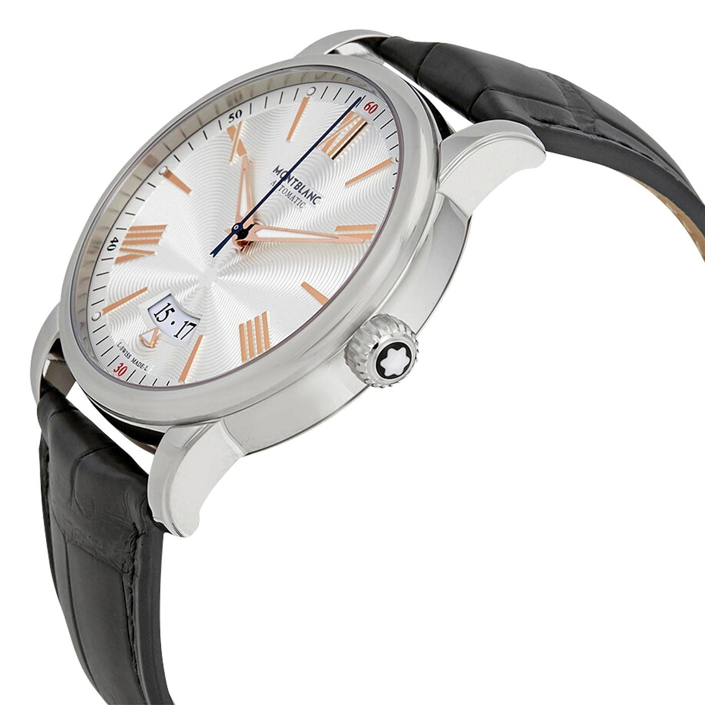 Montblanc 4810 Automatic Stainless Steel Silver Dial Black Leather Strap Date Mens Watch 114841