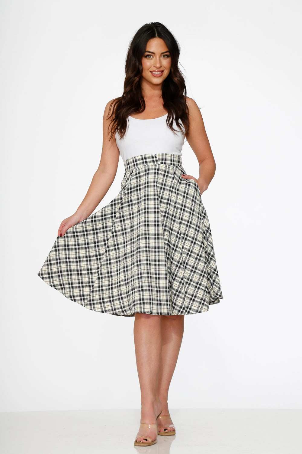 Off White Plaid Swing Skirt