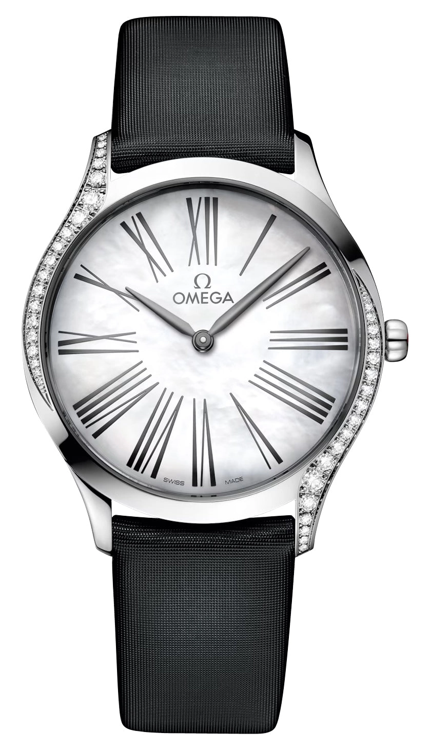 Omega De Ville Tresor Stainless Steel Mother-Of-Pearl Dial Black Satin Strap Diamonds Quartz Womens Watch 428.17.36.60.05.001