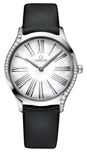 Omega De Ville Tresor Stainless Steel Mother-Of-Pearl Dial Black Satin Strap Diamonds Quartz Womens Watch 428.17.36.60.05.001