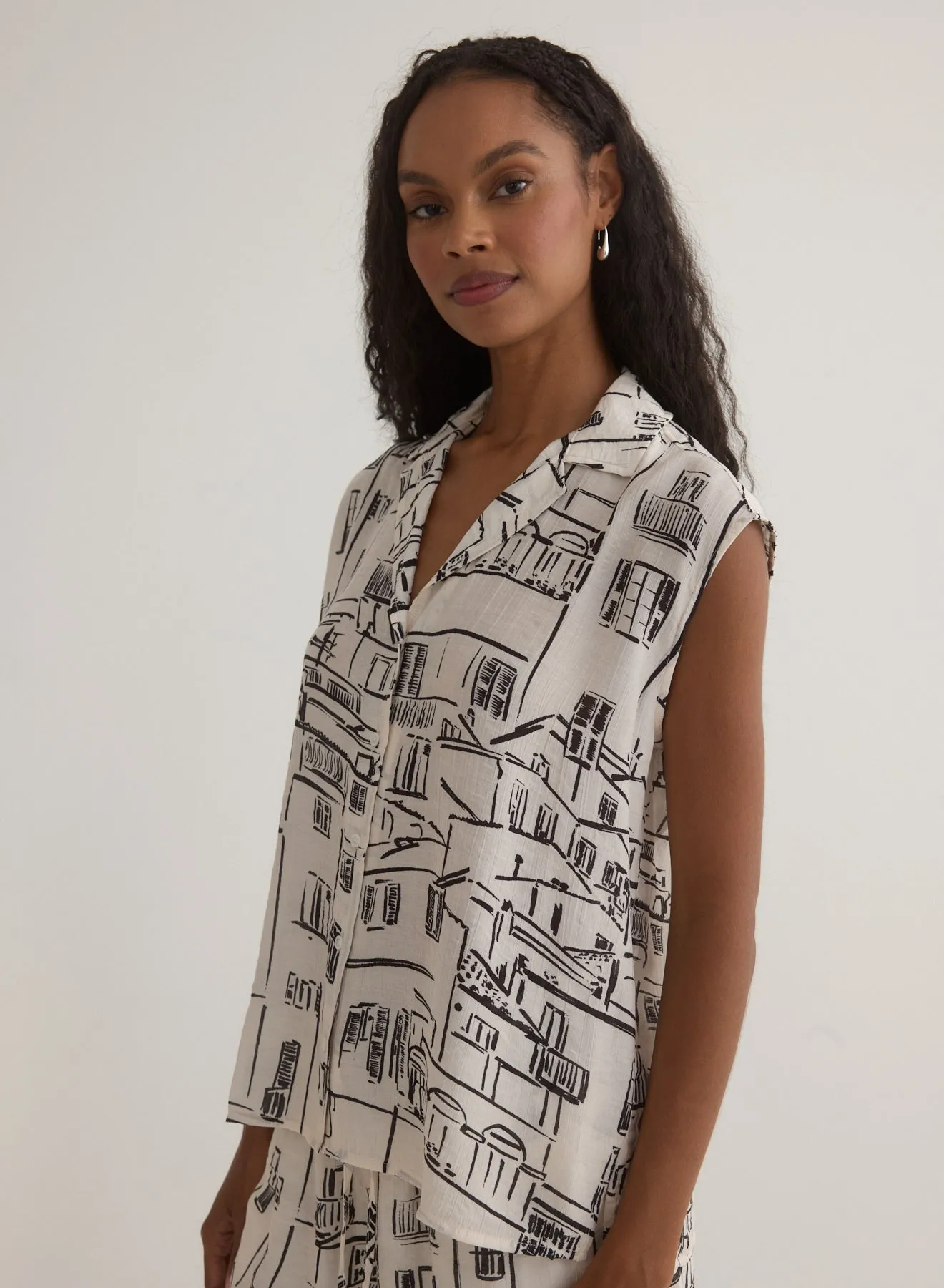 Printed Button Front Cap Sleeve - Amalfi Sketch Print