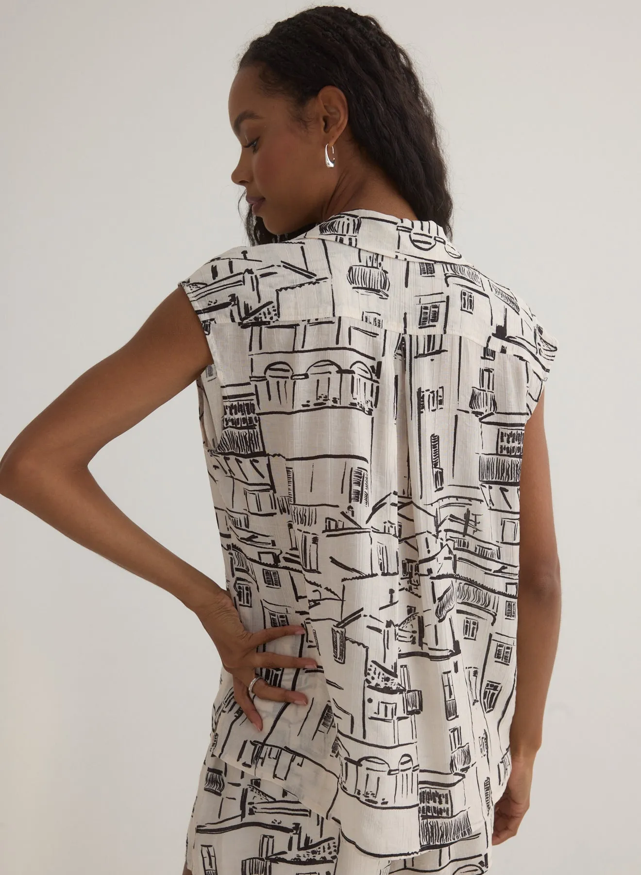 Printed Button Front Cap Sleeve - Amalfi Sketch Print