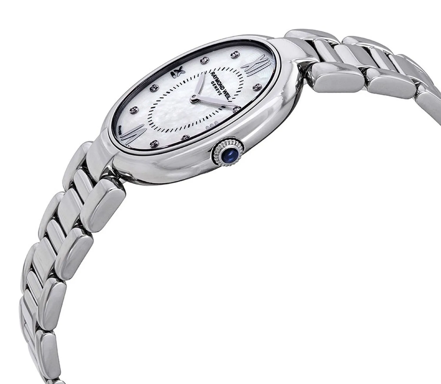 Raymond Weil Shine Stainless Steel Oval Case Diamonds Mother-of-Pearl Dial Interchangeable Black Satin Strap Quartz Womens Watch 1700-ST-00995