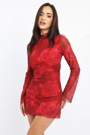 Red Floral Mini Dress High Neck Long Sleeve Mesh
