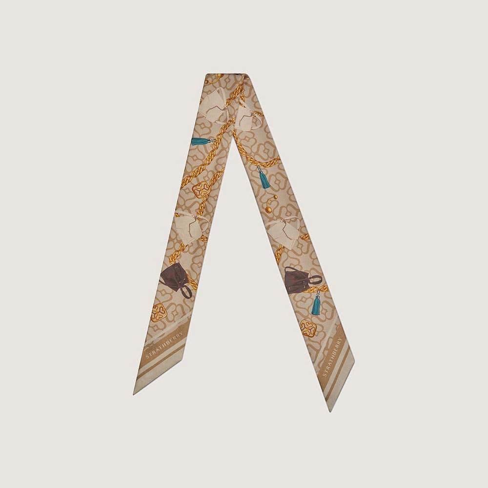 Silk Skinny Scarf - Bag and Chain Print Oat/Caramel