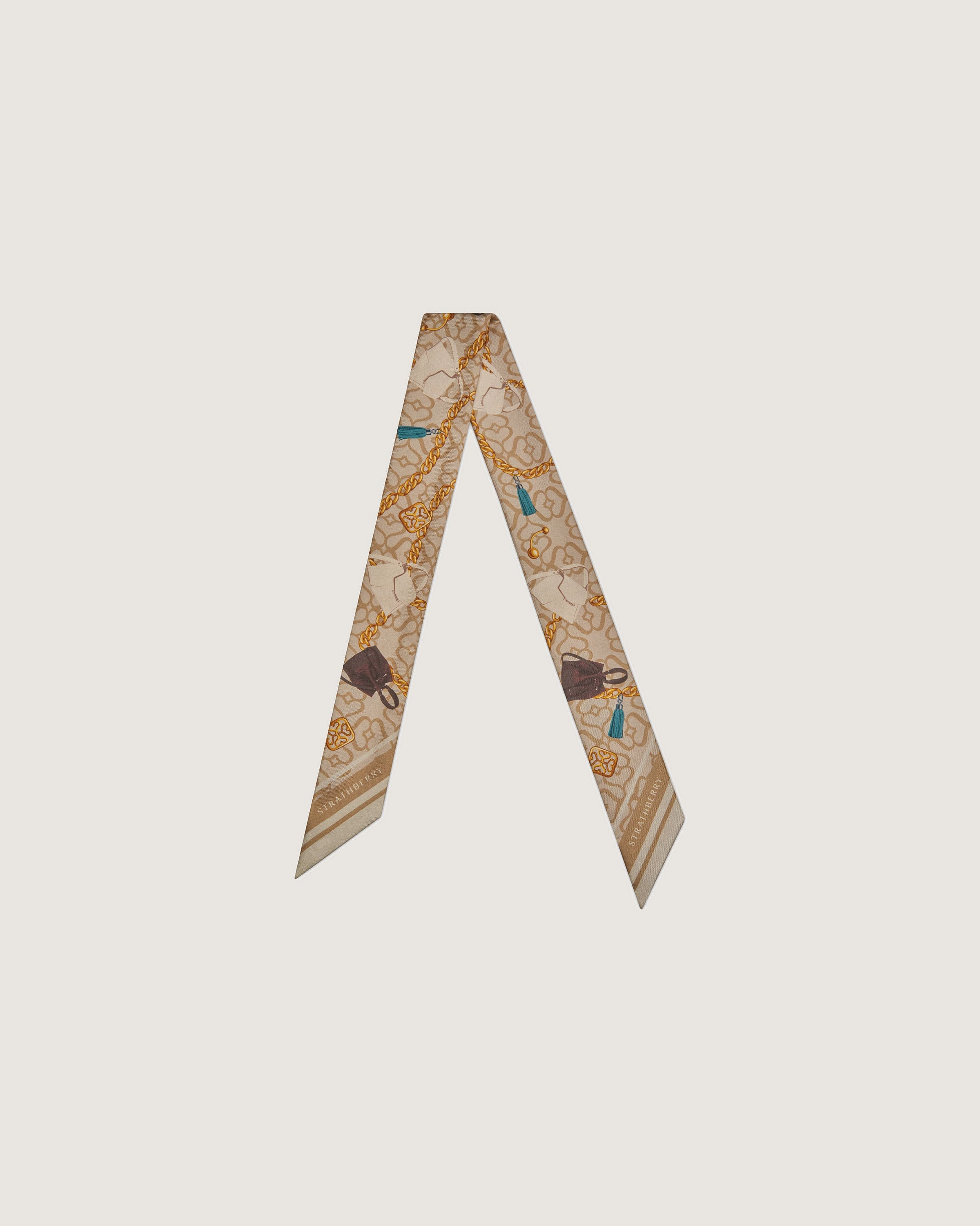 Silk Skinny Scarf - Bag and Chain Print Oat/Caramel