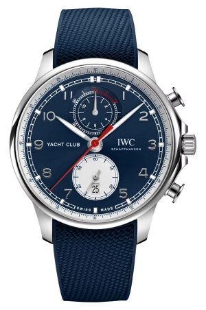 Special Edition IWC Portugieser Yacht Club "Orlebar Brown" Automatic Flyback Chronograph Stainless Steel Blue Dial Blue Rubber Strap Date Mens Watch IW390704