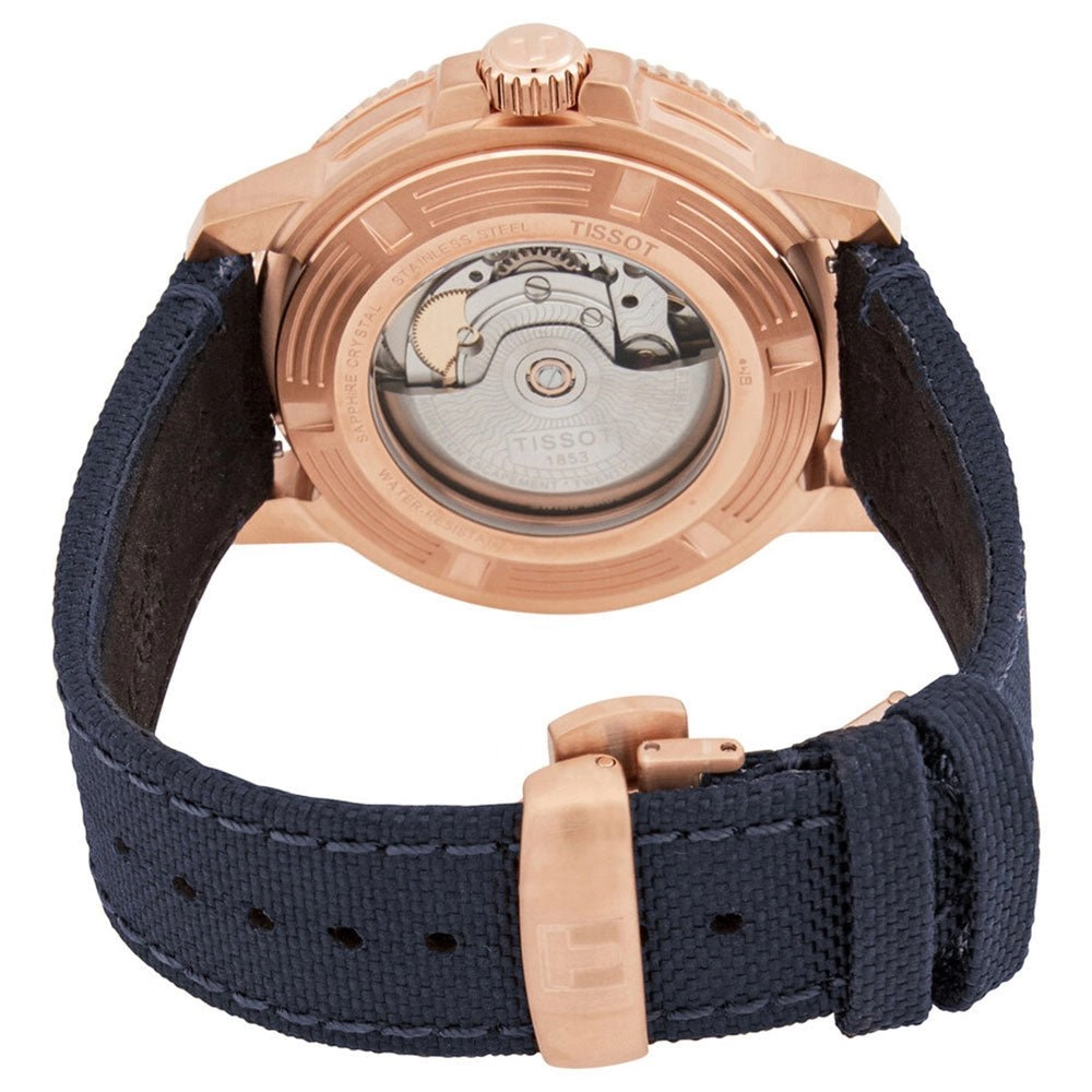 Tissot T-Sport Seastar 1000 Automatic Powermatic 80 Rose Gold PVD Blue Dial Blue Textile Strap Date Mens Watch T120.407.37.041.00