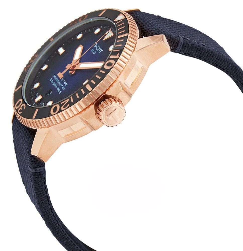 Tissot T-Sport Seastar 1000 Automatic Powermatic 80 Rose Gold PVD Blue Dial Blue Textile Strap Date Mens Watch T120.407.37.041.00