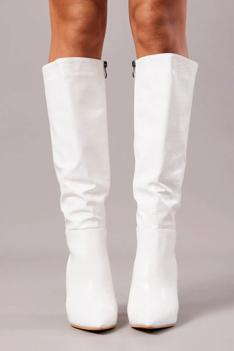 White Heeled Knee High Boots in Croc